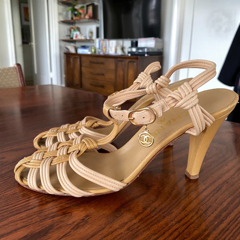 Chanel Beige Leather Strappy Sandals